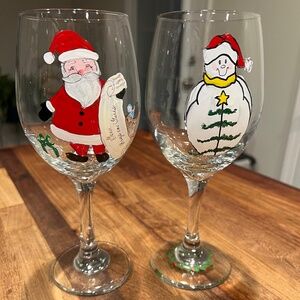 Red Wine Goblet Handpainted Christmas Santa and Snowman Glassware Set of 2
